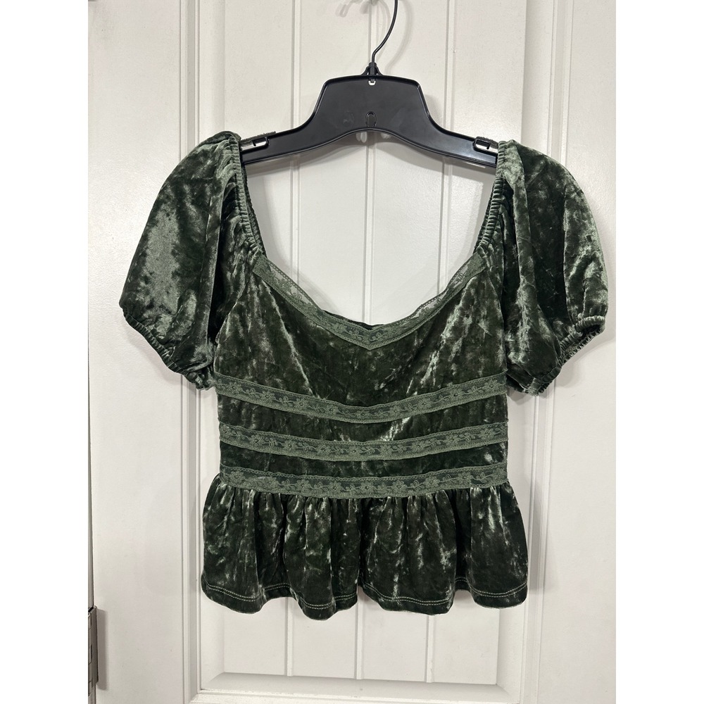 Olive Green Crushed Velvet Peplum Top Lace Trim Puff Sleeve Fairy Whimsigoth S